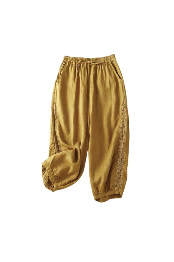 Women's Plus Size Linen Harem Pants with Lace Insert Drawstring Elastic Waist Cropped Trousers Casual Beach Pants Yellow XXL