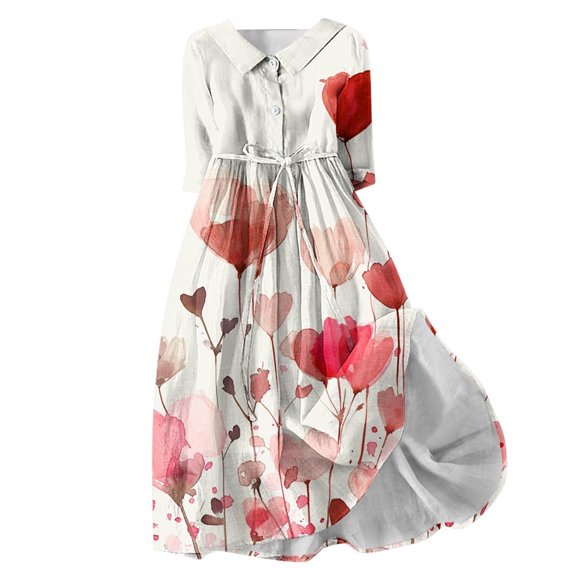 UTSJKR Women's Plus Size Maxi Dress Button Up Lapel Neck Dress Belted Pleated Loose Fit Swing Flowy Dress 3/4 Sleeve Sundress 2024 Fashion Floral Print Pink XXXL