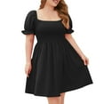 thumbnail image 1 of UTSJKR Women's Plus Size Midi Dress Waist Pleated A Line Swing Flowy Dress Summer Basic Frill Sleeve Short Sleeve Sundress 2024 Fashion Elegant Solid Square Neck Smocked Black XXL, 1 of 4