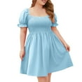 thumbnail image 1 of UTSJKR Women's Plus Size Midi Dress Waist Pleated A Line Swing Flowy Dress Summer Basic Frill Sleeve Short Sleeve Sundress 2024 Fashion Elegant Solid Square Neck Smocked Blue XXXXL, 1 of 4