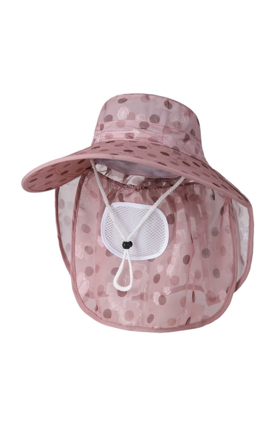 Women's Polka Dot Sheer Mesh Sun Hat, Breathable Full Face Neck Cover Adjustable Outdoor Farm Cap Pink