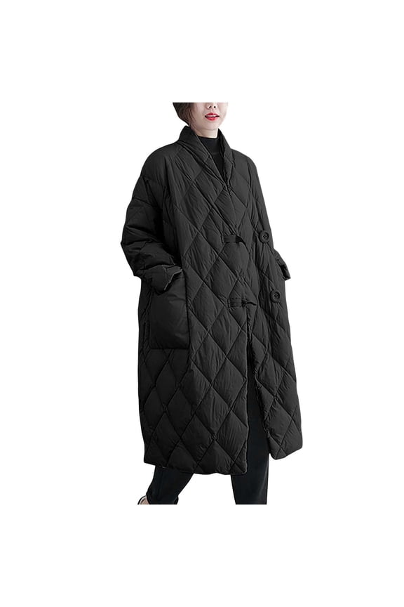 Women's Quilted Winter Coat with Pockets Warm Long Overcoat Plus Size Lapel Single-Breasted Loose Outwear Thicken Parka Oversized Jackets Black L
