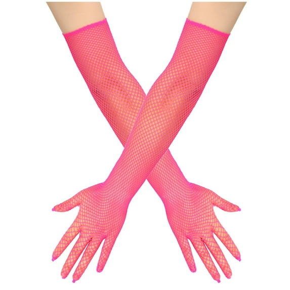 UTSJKR Women's Rhinestone Mesh Fishnet Gloves - Elastic Arm Sleeves Sparkle Glitter Elbow Stretchy Gloves for Costume Hot Pink