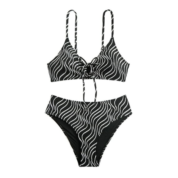 UTSJKR Women's Ribbed Bikini Set Drawstring Tie Front Swimsuit Spaghetti Strap Textured Two Piece Bathing Suit Black M