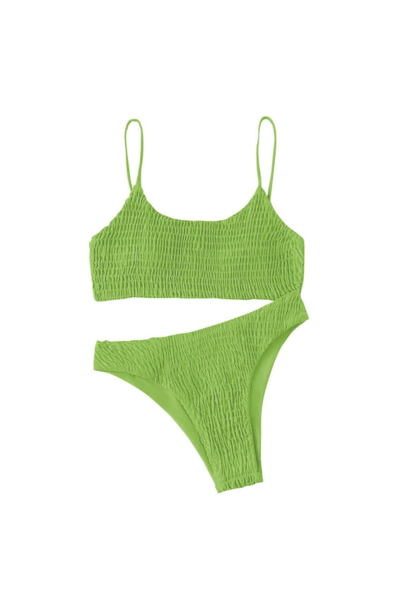 Women's Ribbed Bikini Sets Scoop Neck Cheeky Swimsuit Textured Two Piece Bathing Suit Triangle Bikini Set Smocked Textured Elastic Swimsuit Green M