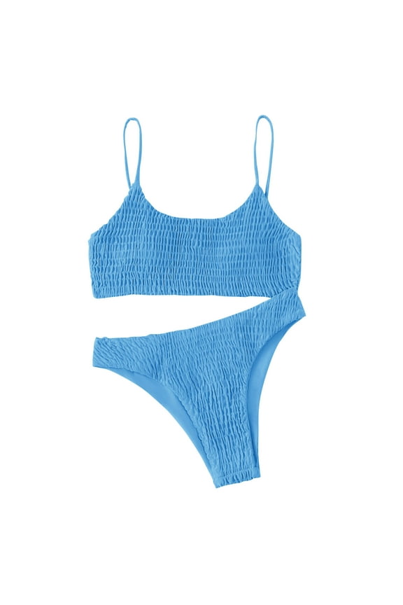 Women's Ribbed Bikini Sets Scoop Neck Cheeky Swimsuit Textured Two Piece Bathing Suit Triangle Bikini Set Smocked Textured Elastic Swimsuit Sky Blue M