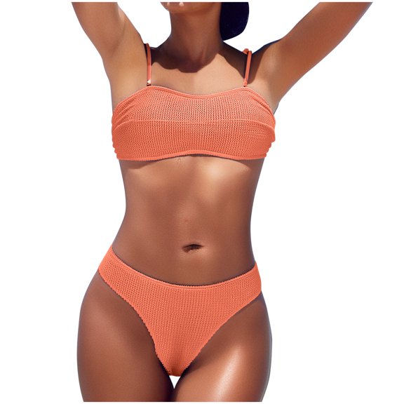 UTSJKR Women's Ribbed Bikini Sets Scoop Neck Solid Cheeky Swimsuit Tied Straps Textured Two Piece Bathing Suit Orange L