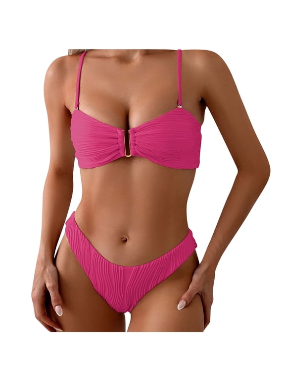 Women's Ribbed Bikini Sets U Wire Adjustable Spaghetti Straps Swimsuit Textured Ruched Two Piece Bathing Suit Pink L