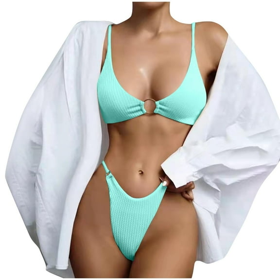 UTSJKR Women's Ribbed O-Ring String Bikini Swimsuit Cheeky Bikini Sets for Women Two Pieces Bathing Suit Light Blue M