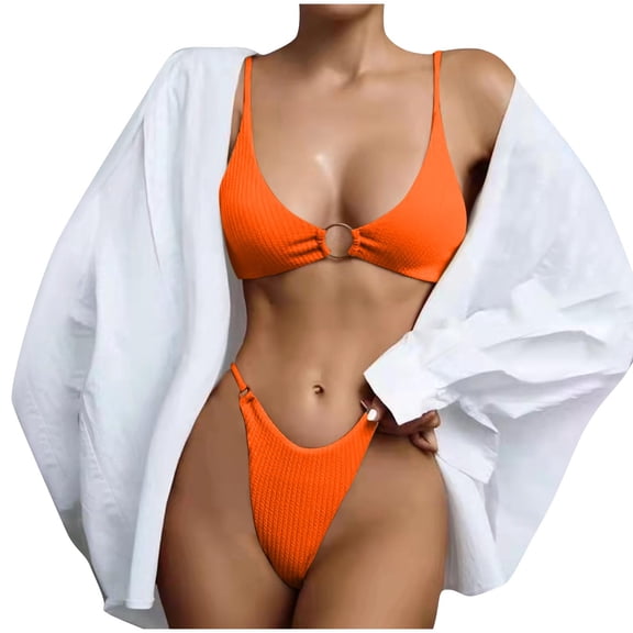 UTSJKR Women's Ribbed O-Ring String Bikini Swimsuit Cheeky Bikini Sets for Women Two Pieces Bathing Suit Orange S