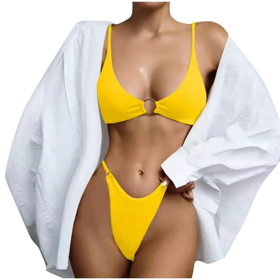 UTSJKR Women's Ribbed O-Ring String Bikini Swimsuit Cheeky Bikini Sets for Women Two Pieces Bathing Suit Yellow XL