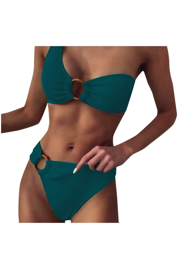 Women's Ribbed One Shoulder O-Ring String Bikini Swimsuit Cheeky Thong Swimwear Two Pieces Bathing Suit Navy L