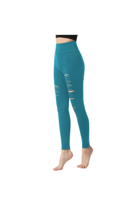 Women's Ripped High Waisted Leggings - Stretch Workout Tights Buttery Soft Sexy Yoga Active Pants Blue L