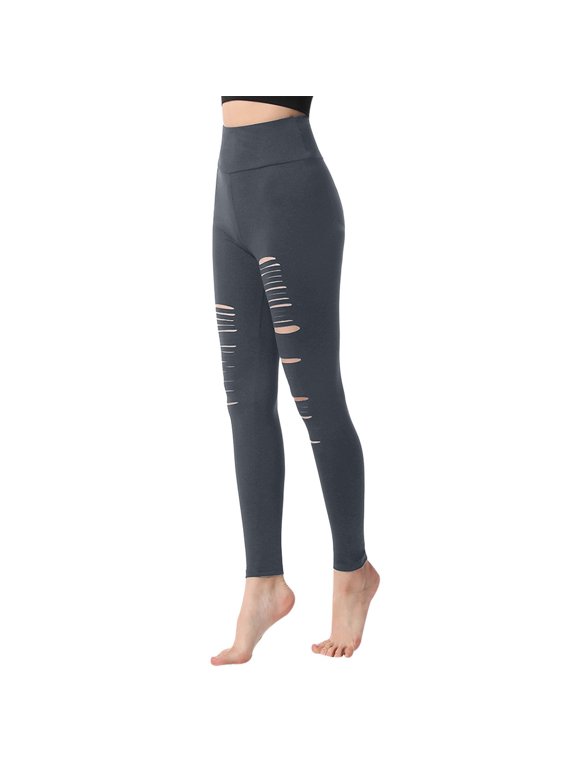 Women's Ripped High Waisted Leggings - Stretch Workout Tights Buttery Soft Sexy Yoga Active Pants Gray S