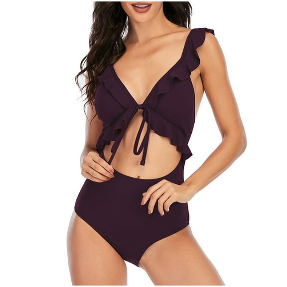 UTSJKR Women's Ruffle Flounce One Piece Bathing Suit Cutout V Neck Backless Swimwear Tie Front Adjustable Frenum Flounce Bikinis Purple S