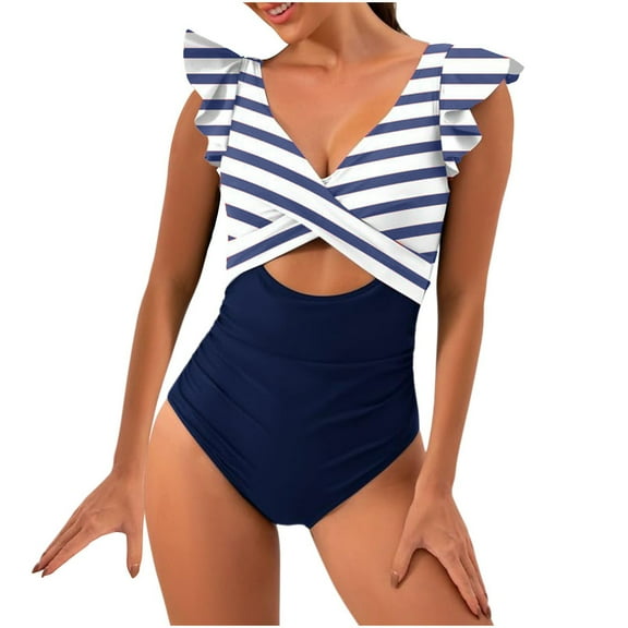 UTSJKR Women's Ruffled One Piece Swimsuits V Neck Tummy Control Cutout High Waisted Bathing Suit Striped Color Block Swimwear Navy M