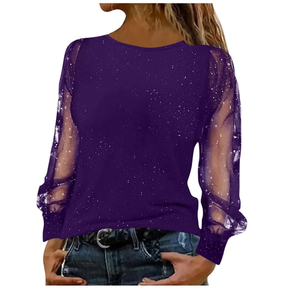 UTSJKR Women's Sequin Blouses Shiny Glitter Mesh Tops Splice Sparkly Dressy Long Sleeve Loose Tunic Fall Casual Shirts Purple S