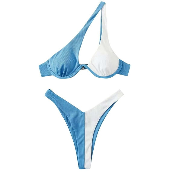 UTSJKR Women's Sexy Cutout One Shoulder Bikini Underwire Padded Two Piece Bathing Suit Cheeky Thong Brazilian Swimsuit Sky Blue XL