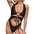 thumbnail image 1 of UTSJKR Women's Sexy High Cut One Piece Swimsuit Cutout Thong Monokini Bathing Suit Lace Up Bikini Swimwear Black L, 1 of 2