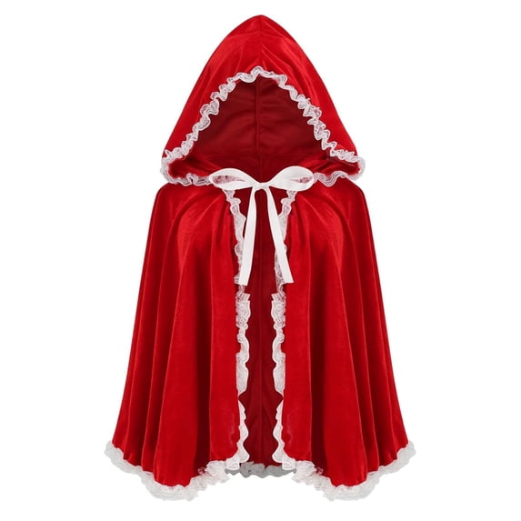 UTSJKR Women’s Short Hooded Velvet Cape Cloak with Lace Trim and Front Ribbon Tie for Fairytale Character Halloween Cosplay Party Fancy Dress Outfit Red S