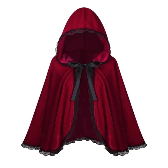 UTSJKR Women’s Short Hooded Velvet Cape Cloak with Lace Trim and Front Ribbon Tie for Fairytale Character Halloween Cosplay Party Fancy Dress Outfit Wine M