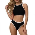 thumbnail image 1 of UTSJKR Women's Solid Color 2 Piece Bikini Set, Fashion Sexy Spaghetti Strap Colorblock Swimsuit for Summer Beach and Vacation Style Black L, 1 of 9