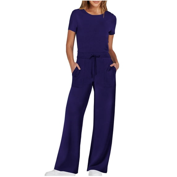 UTSJKR Women's Solid Color Short Sleeve Round Neck Jumpsuit with Pockets Wide Leg Long Romper One Piece Outfit Purple XXXL