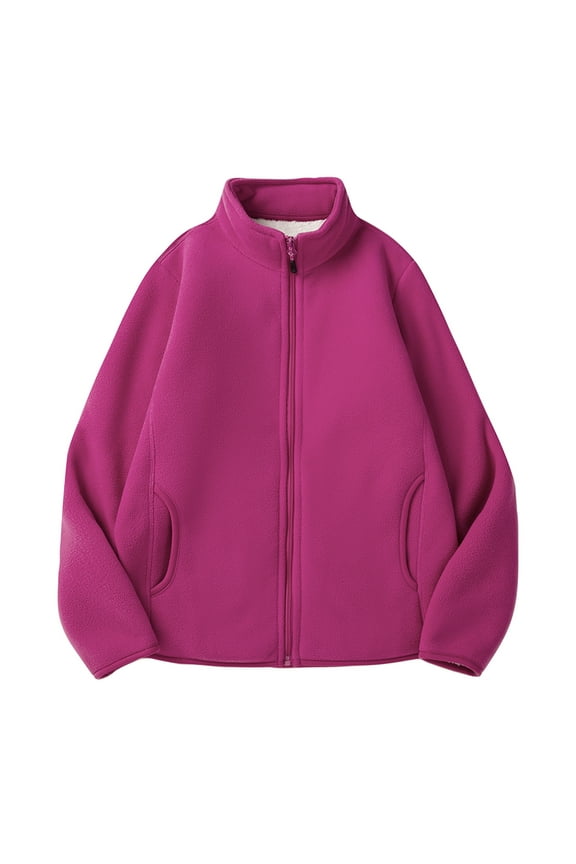 Women's Solid Color Soft Fleece Zip Up Stand Collar Long Sleeve Warm Pockets Outwear Coat Plus Velvet Thickening Winter Jackets Hot Pink M
