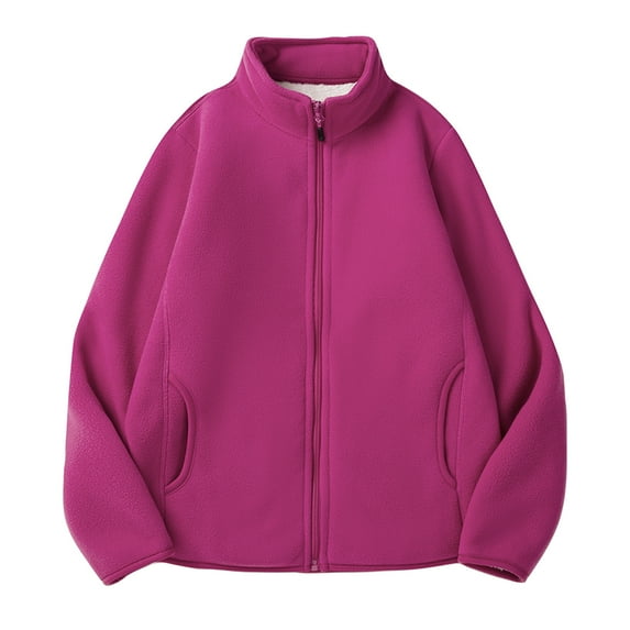 UTSJKR Women's Solid Color Soft Fleece Zip Up Stand Collar Long Sleeve Warm Pockets Outwear Coat Plus Velvet Thickening Winter Jackets Hot Pink S