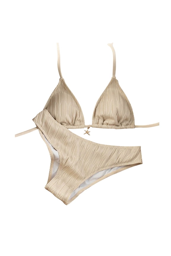 Women's Solid Loose Drawstring Bikini Set, Wire Free with Chest Pad Bathing Suit, Comfortable Summer Swimwear Khaki XS