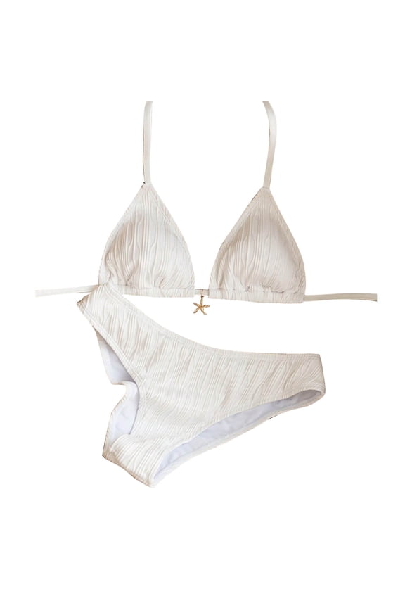 Women's Solid Loose Drawstring Bikini Set, Wire Free with Chest Pad Bathing Suit, Comfortable Summer Swimwear White M