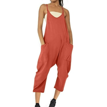 UTSJKR Women's Solid Loose Fit Harem Romper Jumpsuit with Pockets Fashion Strappy Baggy Overalls Lounge Culottes Pants Playsuits Red L