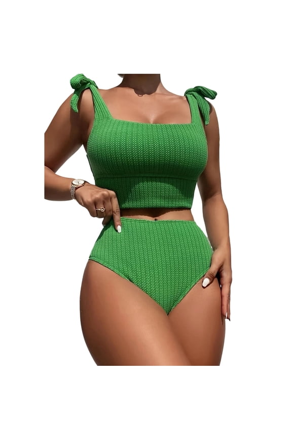 Women's Solid Loose Split Bikini Bathing Suit, Wire Free Chest Pad Design, Comfortable Vacation Beach Swimwear Green S