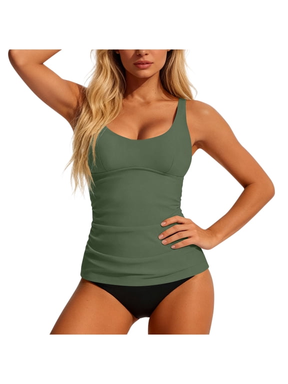Women's Solid Padded Tankini Set, Spaghetti Strap Top with Boyshorts 2 Piece Swimsuit for Simple Summer Beach Fashion Army Green L