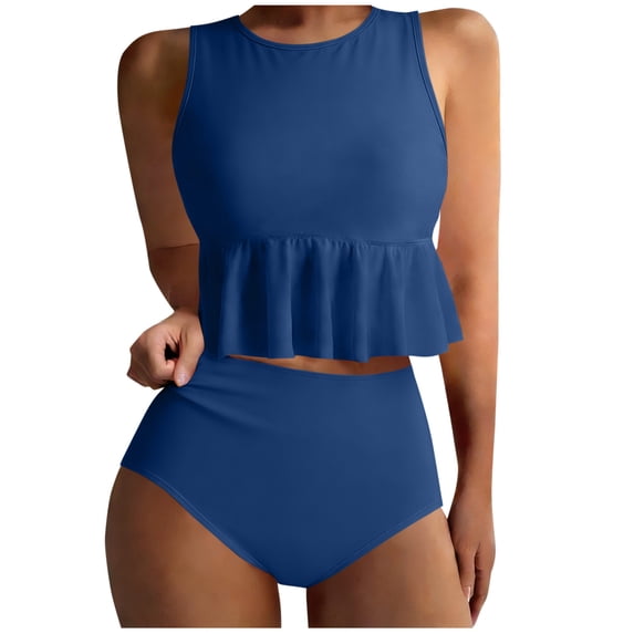UTSJKR Women's Solid Wireless Tankini Set, Slim Fit Crop Top with High Waist Briefs 2 Piece Swimsuit for Summer Fashion Beach Style Blue XL
