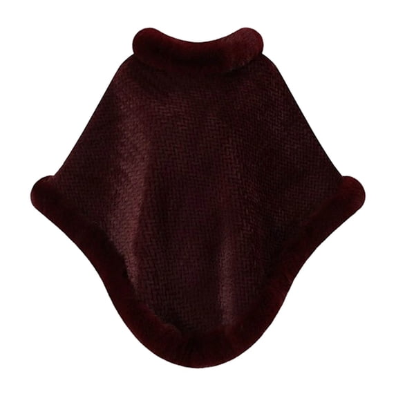 UTSJKR Women's Solid Woven Texture Faux Fur Trim Poncho Cape, Fall Winter Warm Soft Shawl Cloak, Loose Outerwear for Ladies Daily Cold‑Weather Wear Wine