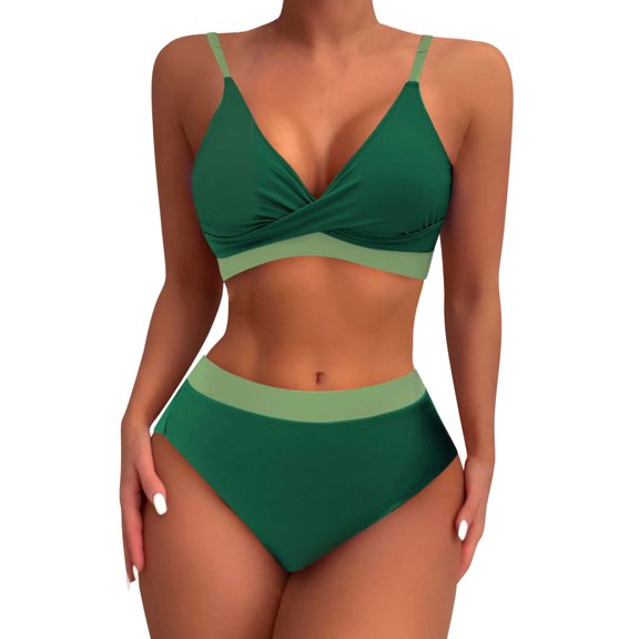UTSJKR Women's Spaghetti Strap Front Bikini Set Flattering High Waisted Two Piece Swimsuit Summer V Neck Swimwear 2026 Green XXL