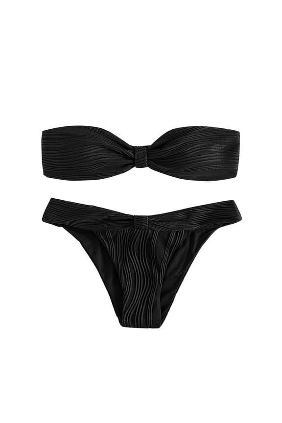 Women's Strapless Bikini Set Wave Textured Bow Ruched High Cut Bandeau Swimsuit Bathing Suits 2 Piece Cheeky Swimwear Black M