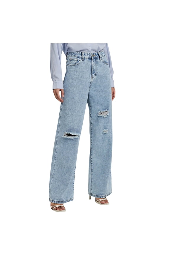 Women's Streetwear Distressed Jeans High Waist Straight Leg Oversized Wide Leg Cargo Jeans with Pockets Baggy Boyfriend Denim Pants Light Blue XS