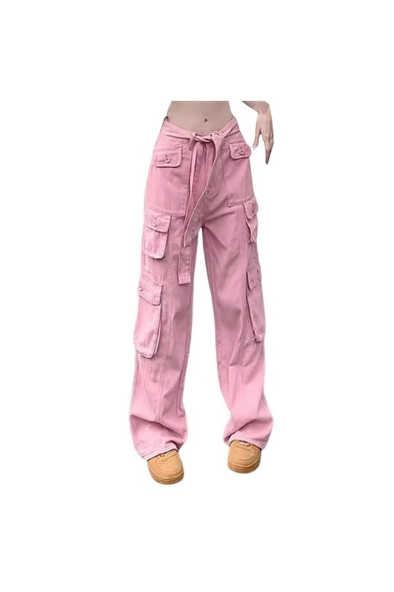 Women's Streetwear Low Waist Baggy Cargo Pants with Belt Pockets Straight Leg Pants Y2k Fashion Trousers Pink S