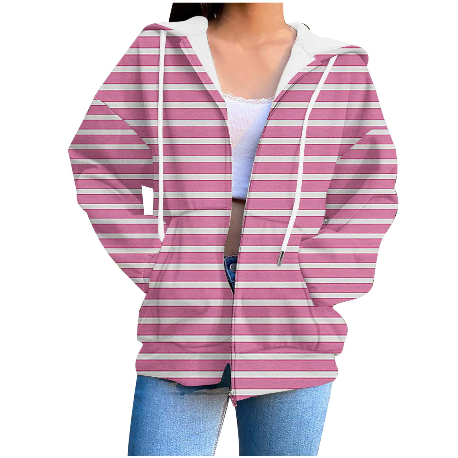 UTSJKR Women s Striped Color Block Zip Up Hoodie Long Sleeve Hooded Sweatshirt Jacket with Pockets Oversized Coat Outwear Pink L Walmart