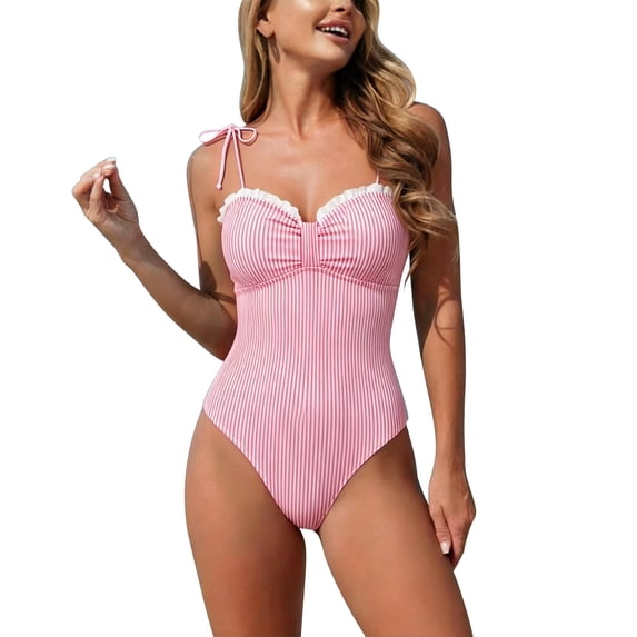 UTSJKR Women’s Striped One Piece Swimsuits Tie Shoulder High Cut Tummy Control Bathing Suit 2026 Summer Beach Swimwear Pink L