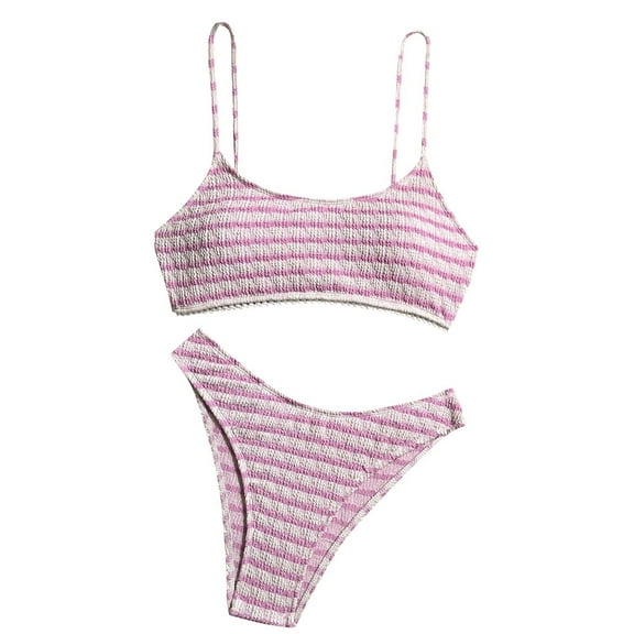 UTSJKR Women's Striped Print Bikini Sets Straps High Cut Bathing Suits Holiday Beach Fashion Two Piece Swimsuit Pink L
