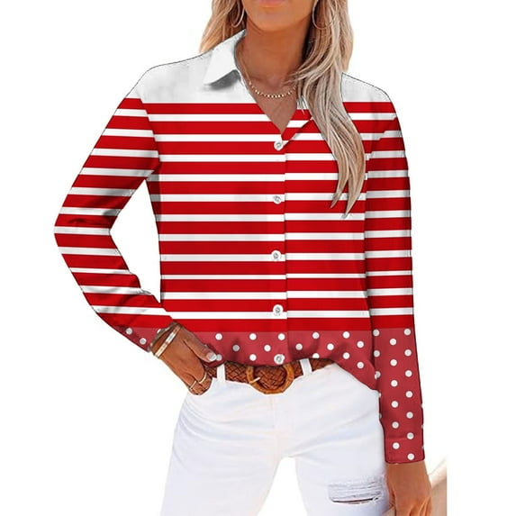 UTSJKR Women's Stylish Button Down Shirts Vacation Loose Fit Flowy Basic Casual Tops Long Sleeve Tunic Tops 2024 Fashion Polka Dots Striped Print Lapel Neck Blouses Red XL