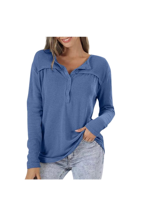 Women's Stylish Henley Tops Classic Solid Buttons Down V Neck Blouses Casual Loose Pleated Vacation Going Out Pullover T Shirts Long Sleeve Tops 2024 Fashion Blue XXXL