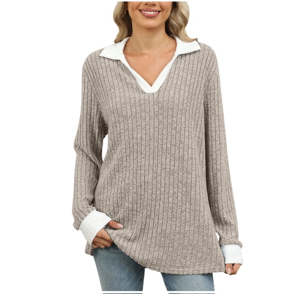 UTSJKR Women's Stylish Patchwork Sweatshirts Long Sleeve Tunic Tops 2024 Fashion Pit Striped Color V Neck Lapel Blouses Pullover Ribbed Knit Loose Fit Sweatshirts Khaki S