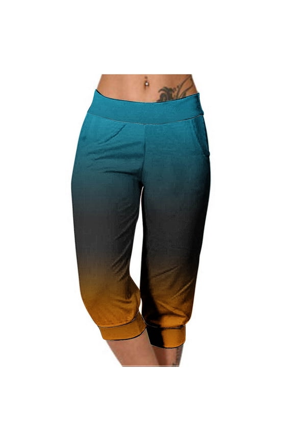 Women's Summer Gradient Capri Pants with Pockets Drawstring Elastic High Waist Loose Fit Cropped Trousers Stretch Workout Yoga Pants Joggers Pants Orange S
