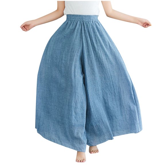 UTSJKR Women's Summer Loose Fit Wide Leg Palazzo Pants High Waist Flowy Long Culottes Trousers with Pockets Blue Free Size
