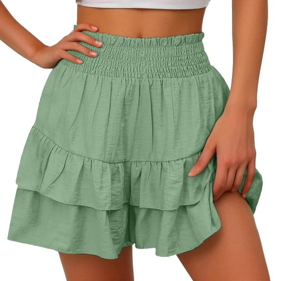 UTSJKR Women's Summer Ruffle Shorts Skirt High Waist Pleated Mini Skirts A Line Flowy Beach Shorts with Pockets Mint Green L