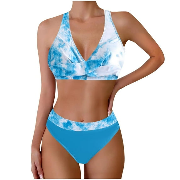 UTSJKR Women's Summer Sexy Beach Vacation Two Piece Bikini Set Front Knot Swimwear Swimsuit Tie Dye Print Bathing Suits Sky Blue M